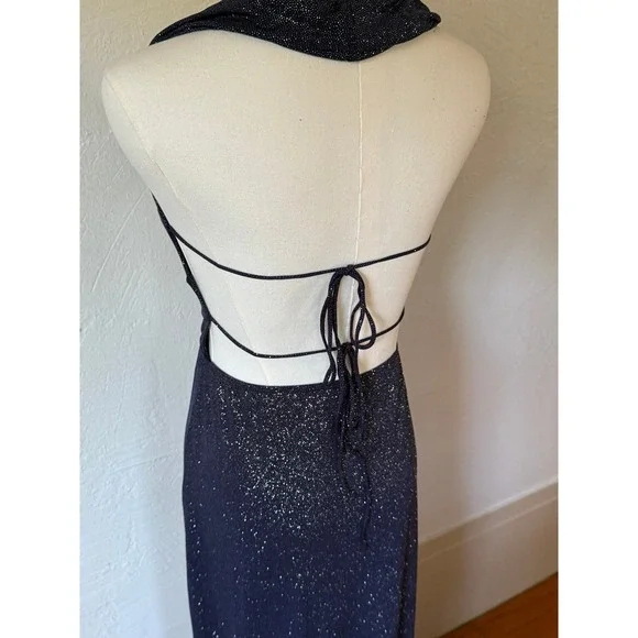 Lucy In The Sky Maxi Dress Halter Neck Sparkly Evening Party Navy Size M - Picture 10 of 10
